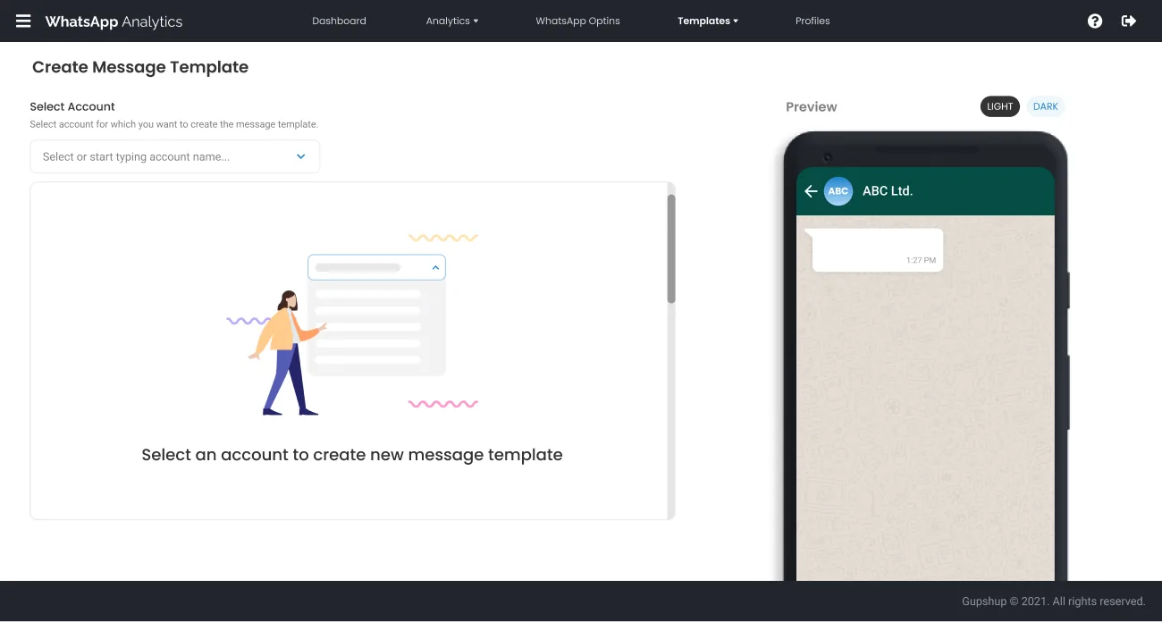 The template builder pairs a structured form with a live light and dark phone preview.