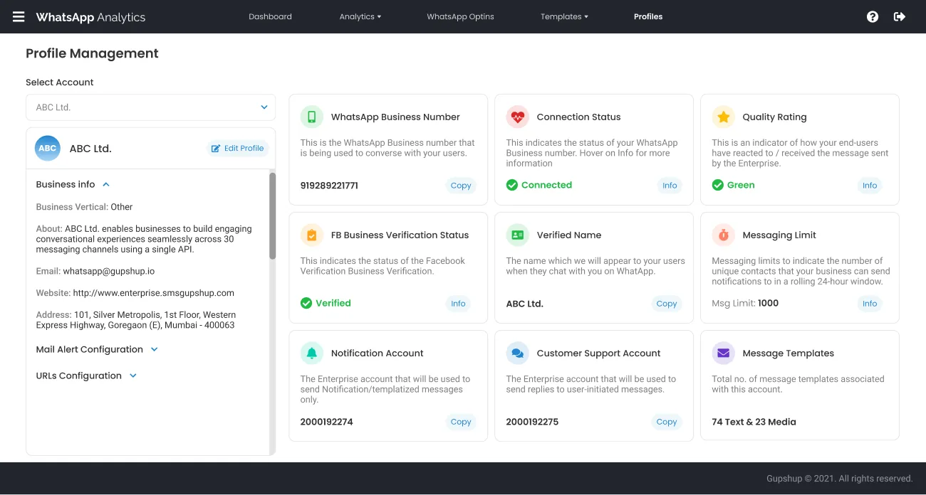 Profile management sets editable business info beside a grid of WhatsApp health cards.