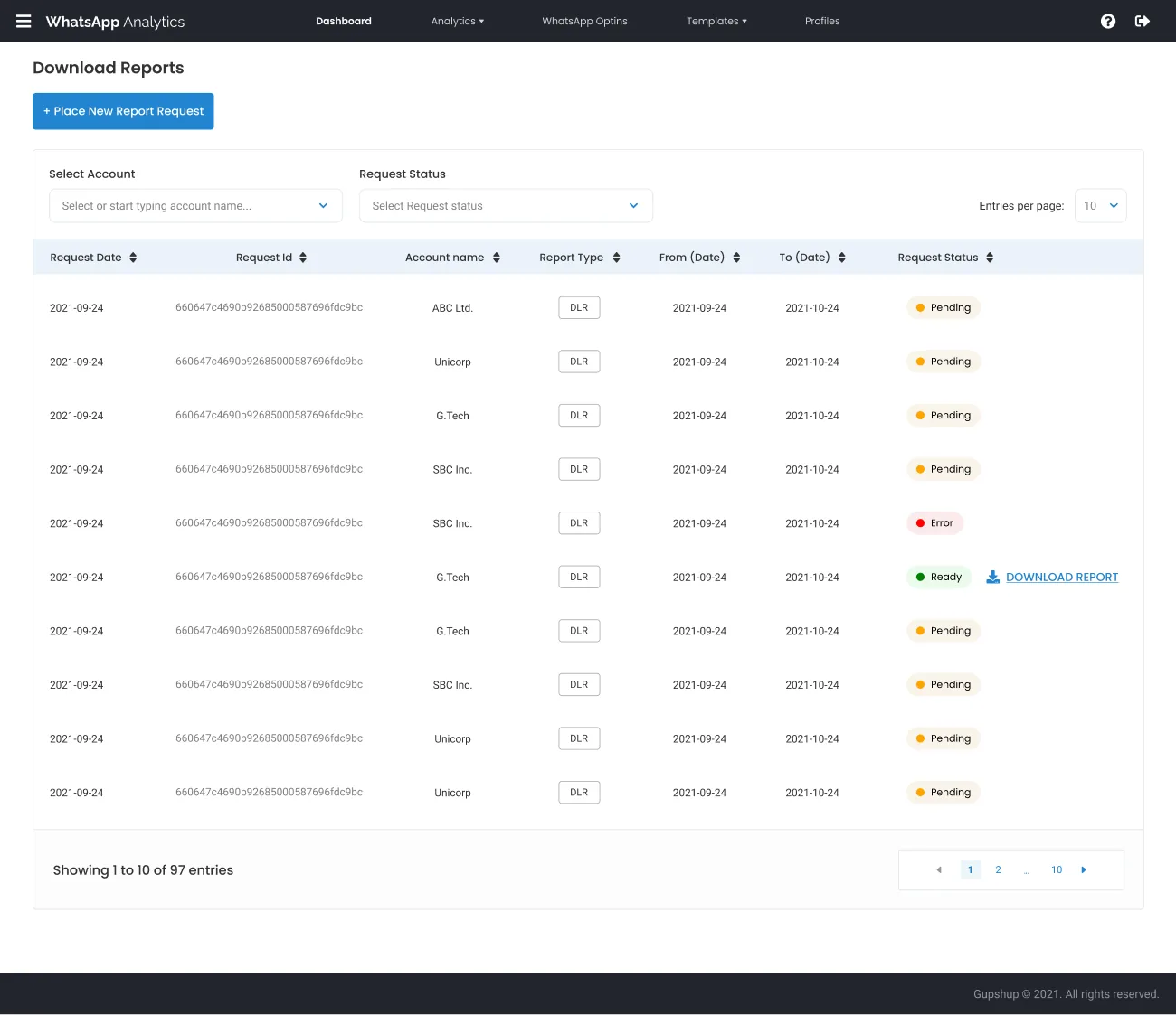 The reports queue shows requests as Pending, Error, and Ready with download links.
