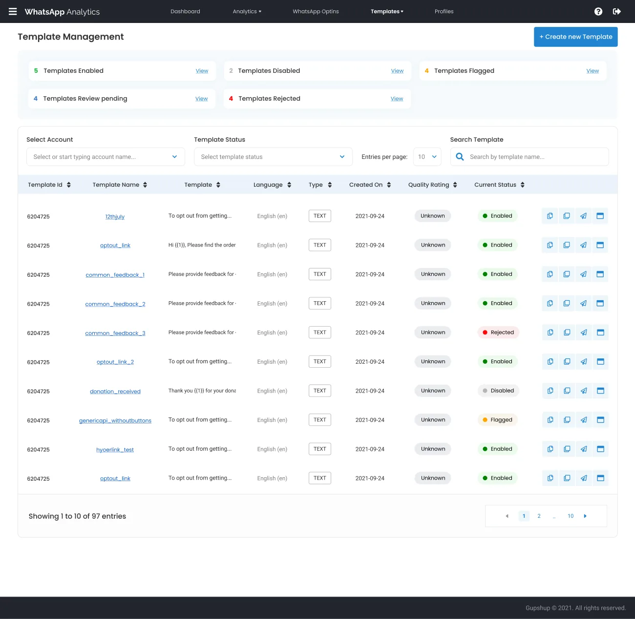 Template management with status-filter chips, an account selector, and a sortable templates table.