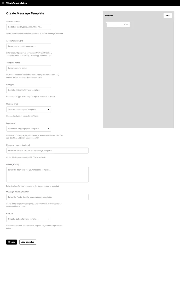 Grayscale wireframe of the template builder, annotated with WhatsApp's field-level rules.