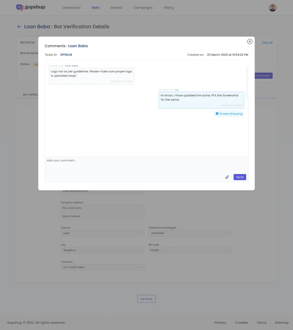 The threaded comments modal on a submission, a ticketed conversation with an attachment.