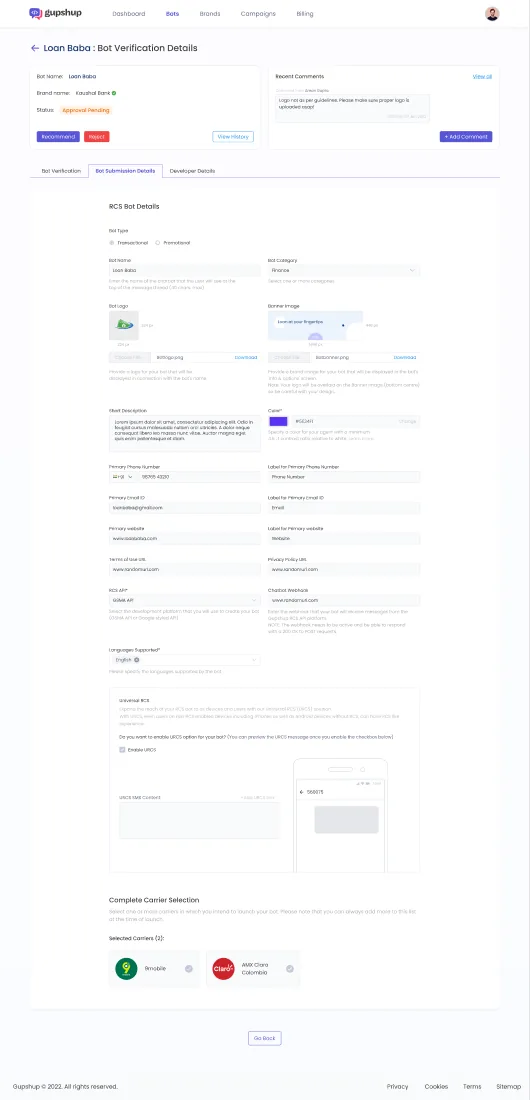 The Bot Verification Details screen showing the full submission read-only with Recommend and Reject actions.