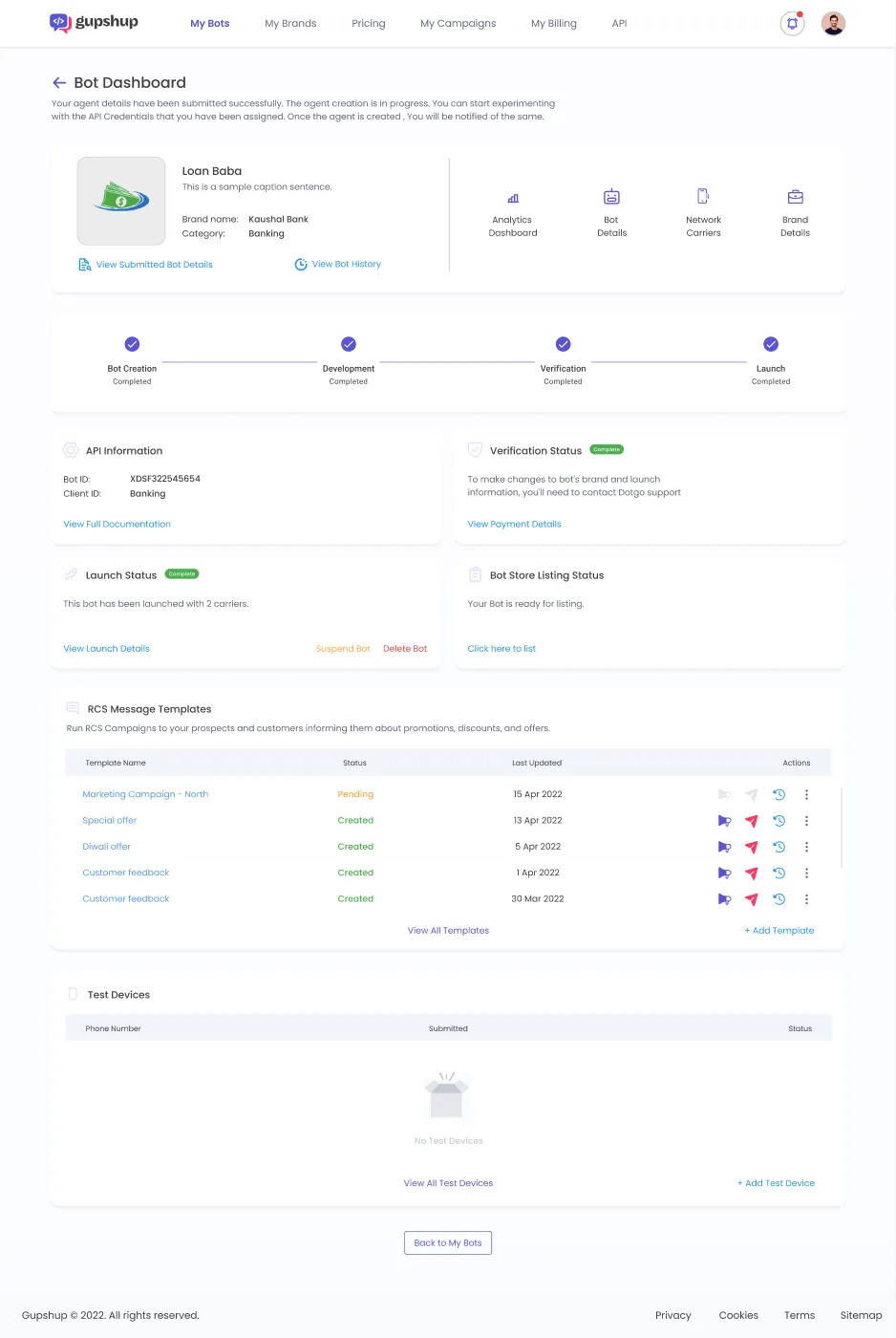 The per-bot dashboard with the lifecycle stepper, API info, verification and launch status, templates and test devices.
