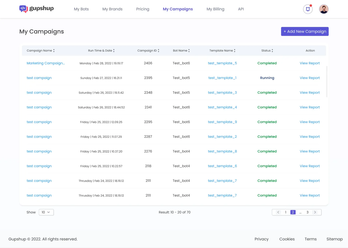 The My Campaigns table listing campaigns with run time, IDs, bots, templates, status and report links.