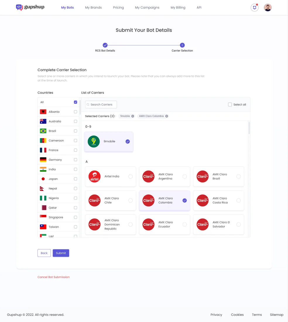 The Carrier Selection step: a country filter beside a searchable carrier list, with selected carriers as chips.