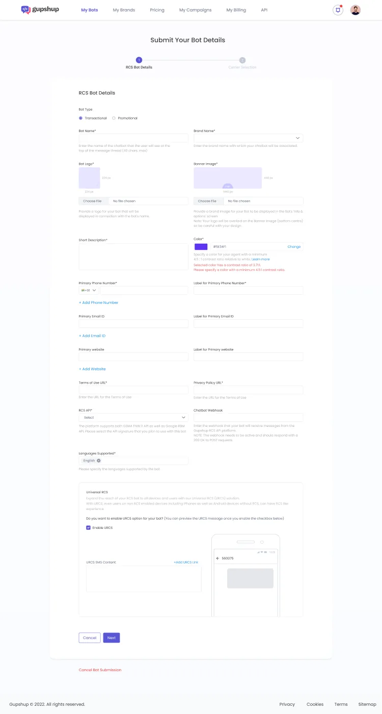 The Submit Your Bot Details form with branding assets, contrast-validated colour and API selection.