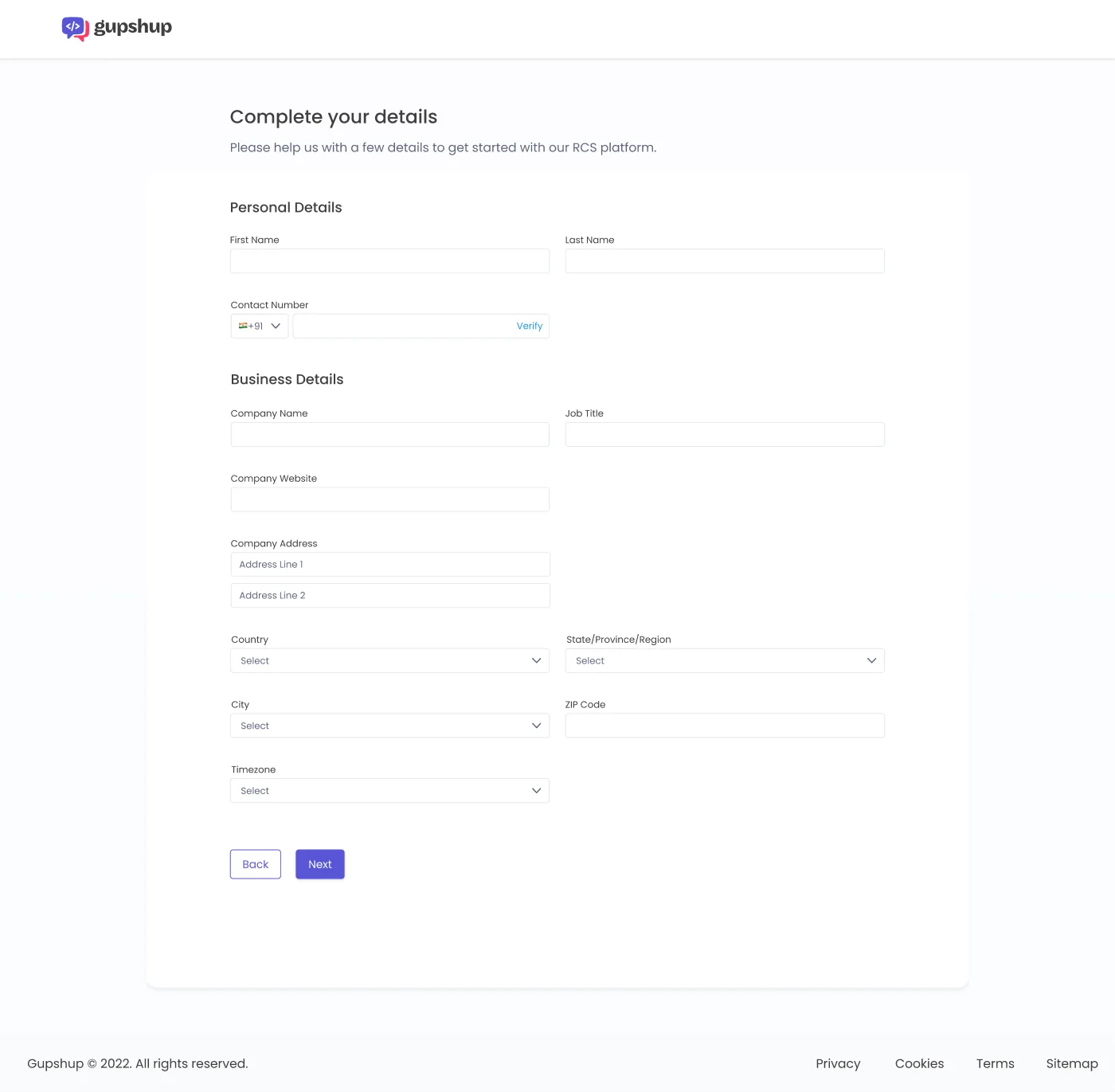 The Complete your details form, grouped into Personal Details and Business Details.