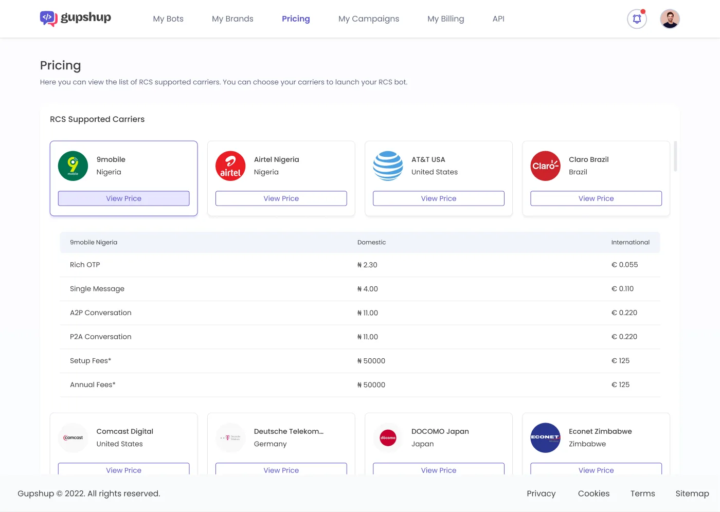 The Pricing screen showing carriers as cards with a per-carrier domestic and international rate table.