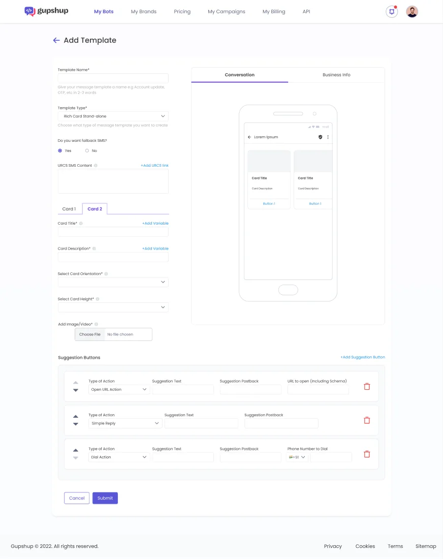 The Add Template editor: a rich-card carousel form beside a live phone preview.