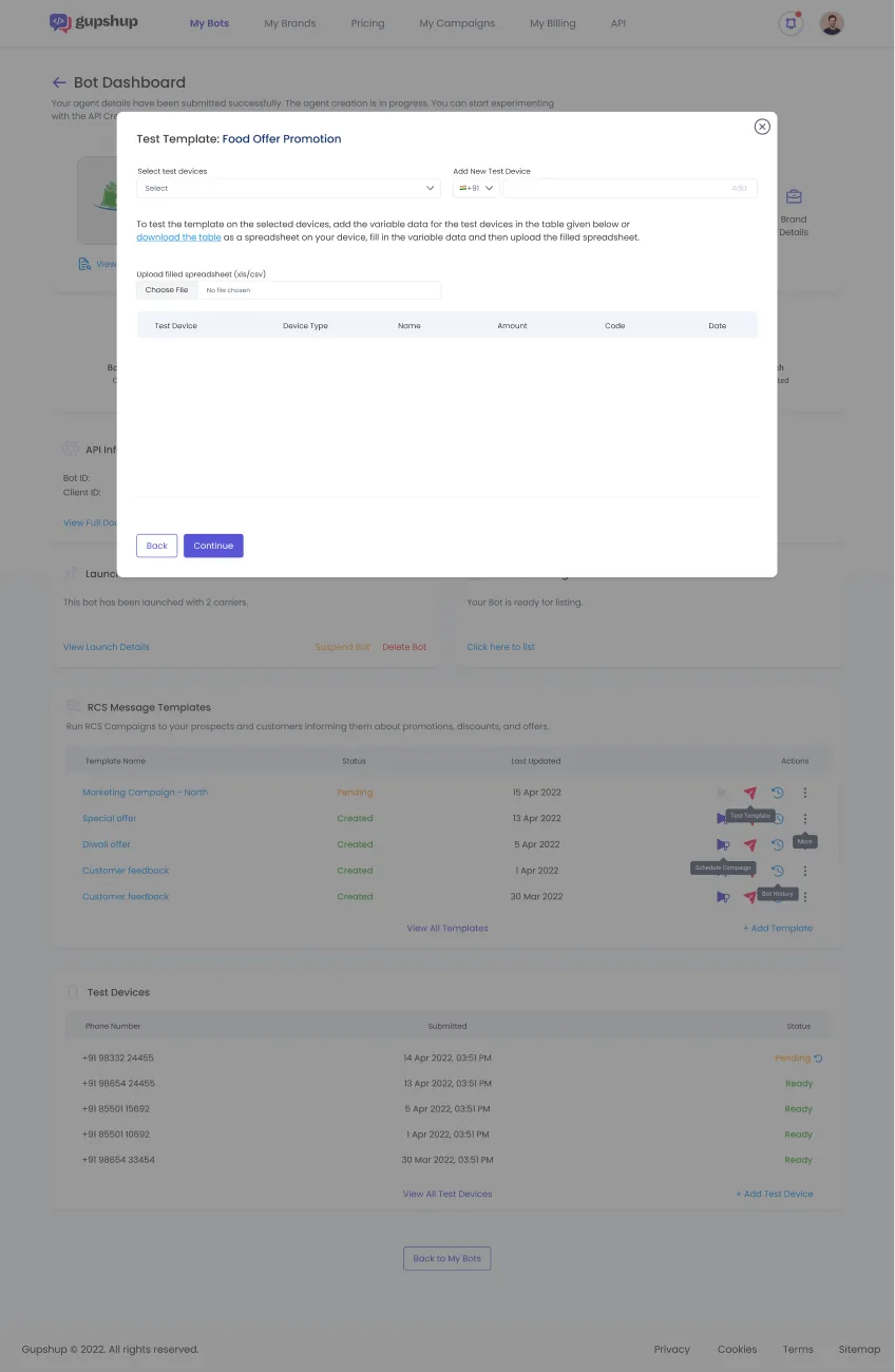The test flow sending a template to a registered device with variable substitution.