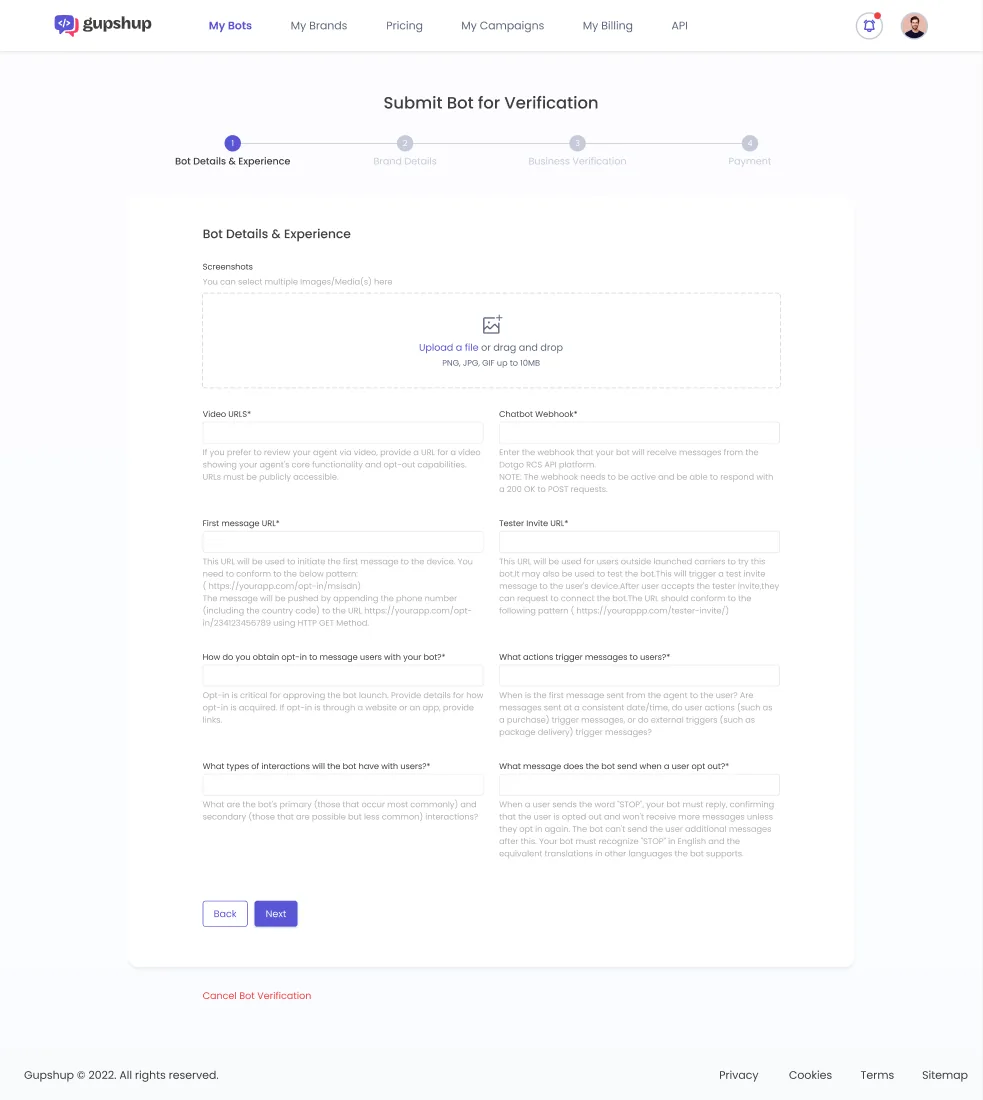 The 4-step Submit Bot for Verification flow asking for screenshots, demo video and opt-in handling.