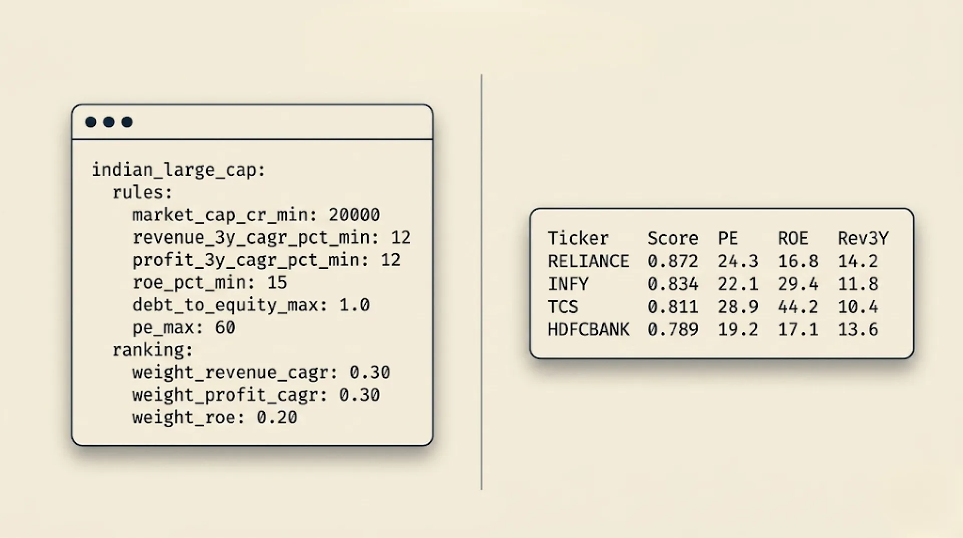 Phase one was a 250-line CLI printing screened large-caps straight to the terminal.