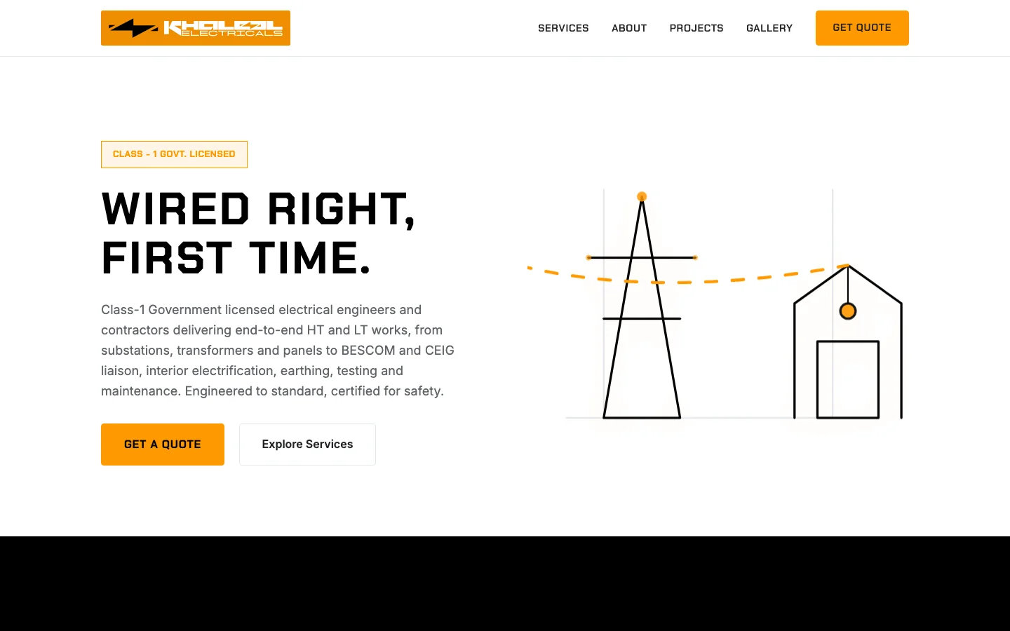 The hero pairs a short confident headline with a line illustration of a tower feeding a home.