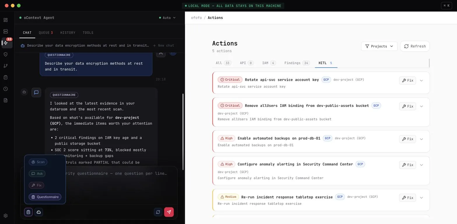 The agent's 4 modes: Scan, Ask, Fix and Questionnaire.