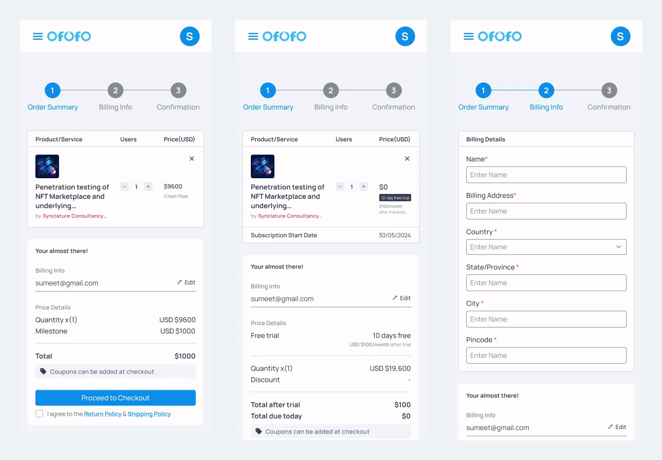 3 mobile checkout screens showing milestone pricing, subscription dual totals and the billing details form.