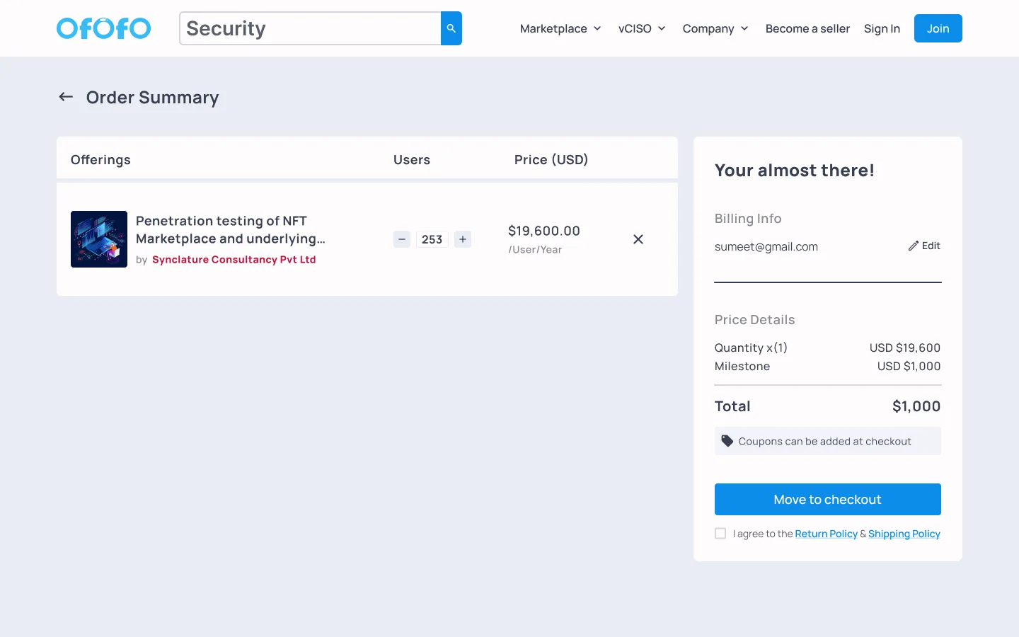 The desktop checkout with an order summary table, milestone price breakdown and billing details card.