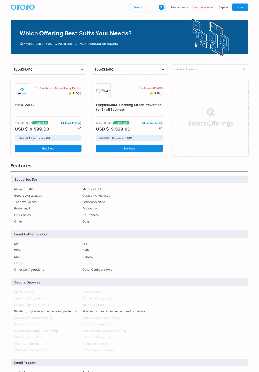 The comparison page with 3 product columns, grouped attribute rows and greyed-out unsupported features.