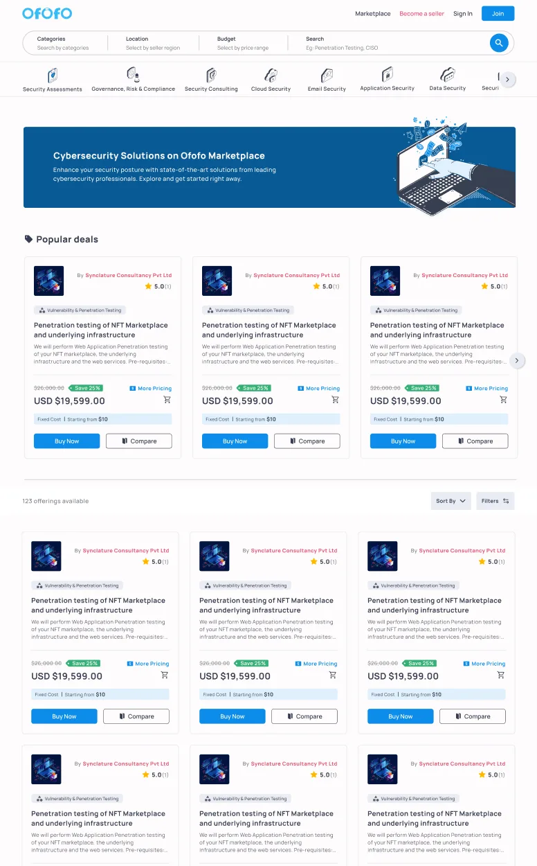 The Cycle 1 marketplace with a discovery bar, category rail, hero banner, popular deals and the offering card grid.
