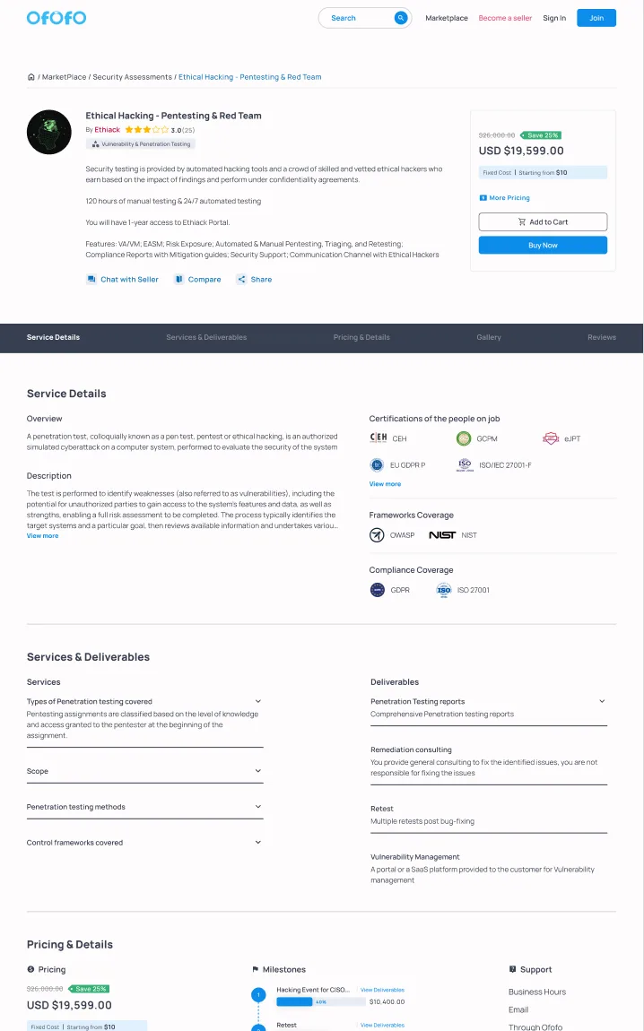 A penetration-testing offering page with seller info, pricing panel, sticky section tabs and certification badges.