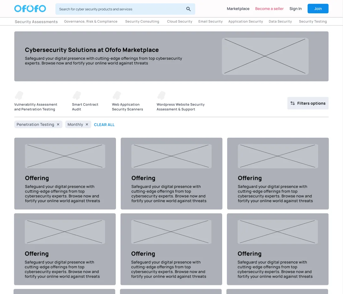 Greyscale marketplace wireframe with category navigation, filter chips and a three-column grid of offering cards.