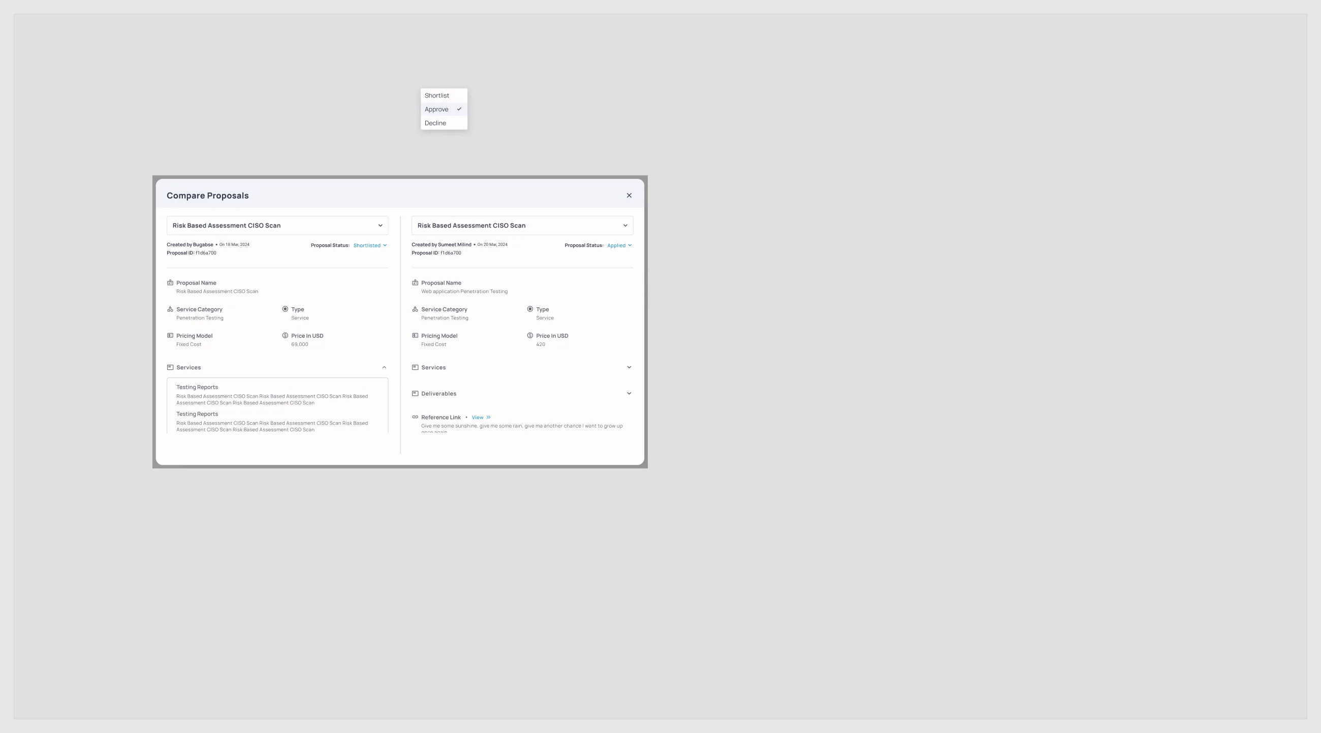 Compare Proposals modal showing two proposals side by side with inline status controls.