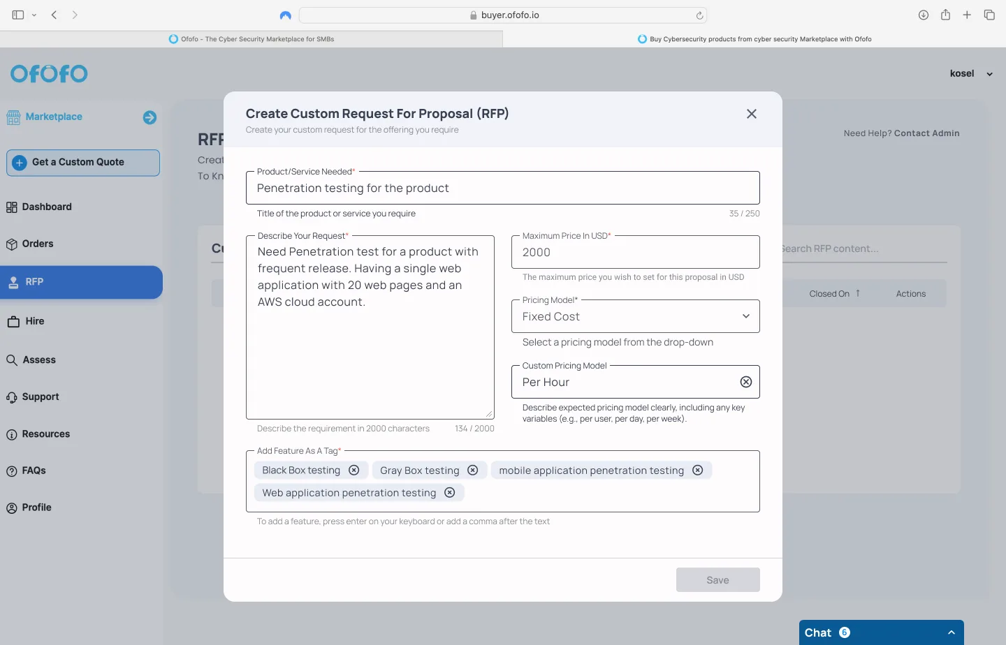 Create Custom Request For Proposal modal with feature and deliverable tags, budget and dates.