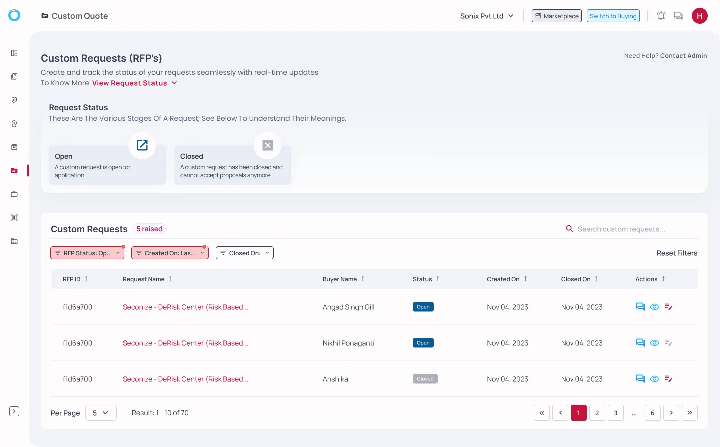Cycle 2 seller Custom Quote page with rebuilt chrome, company switcher and Switch to Buying toggle.