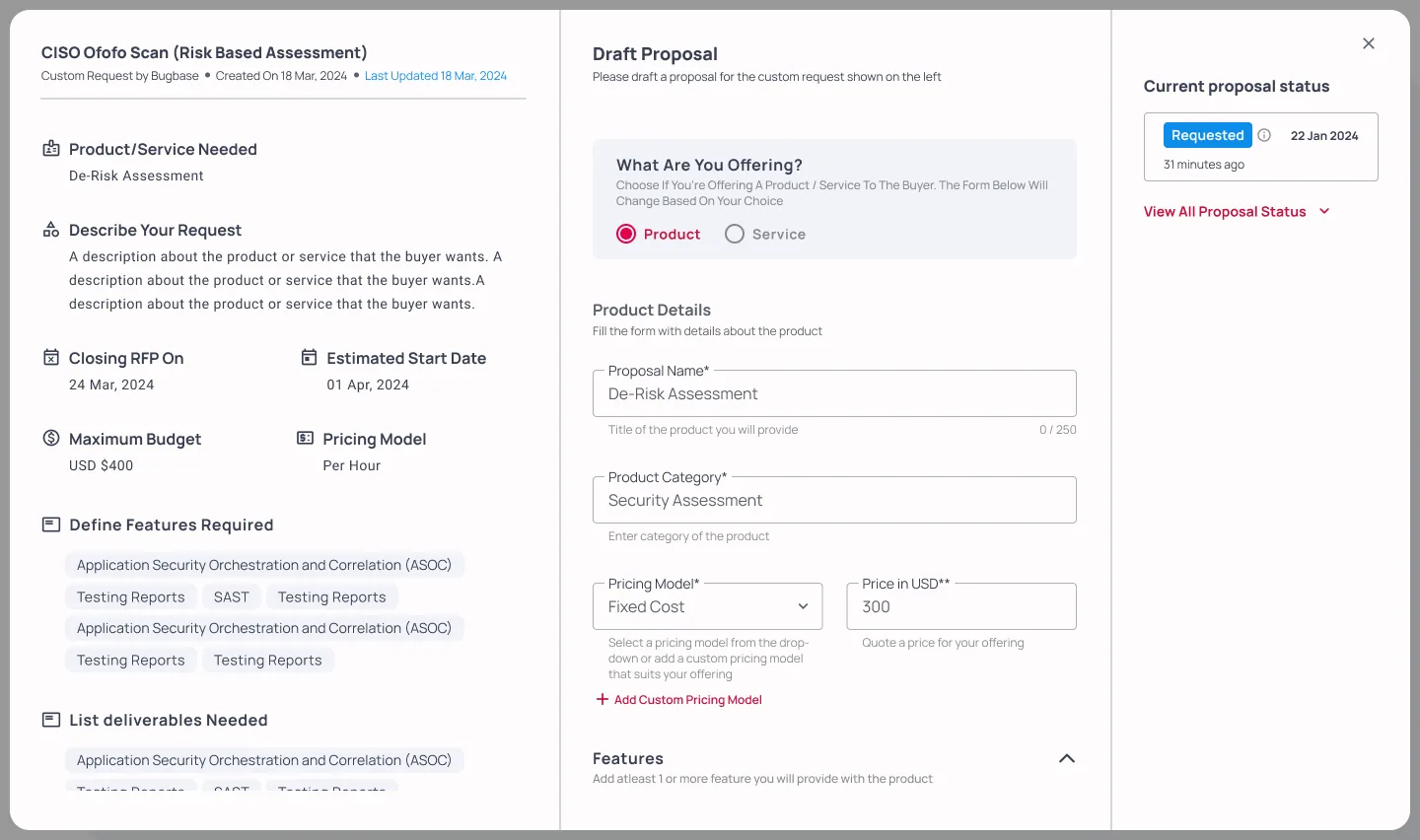 Seller's three-panel proposal workspace: buyer request, draft proposal form and status rail.