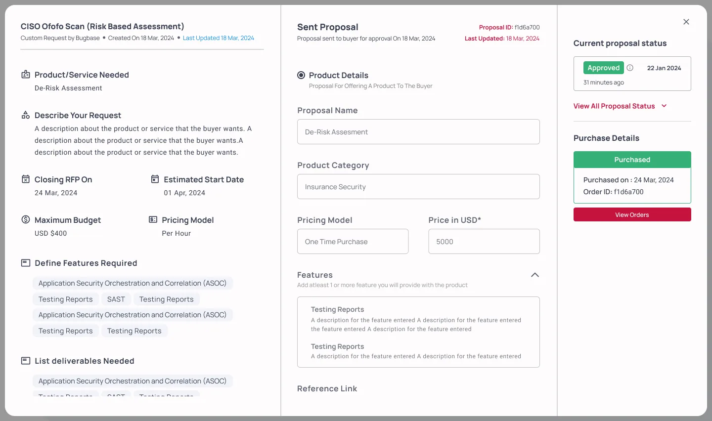 Approved proposal showing the Purchased banner with order date, order ID and View Orders button.