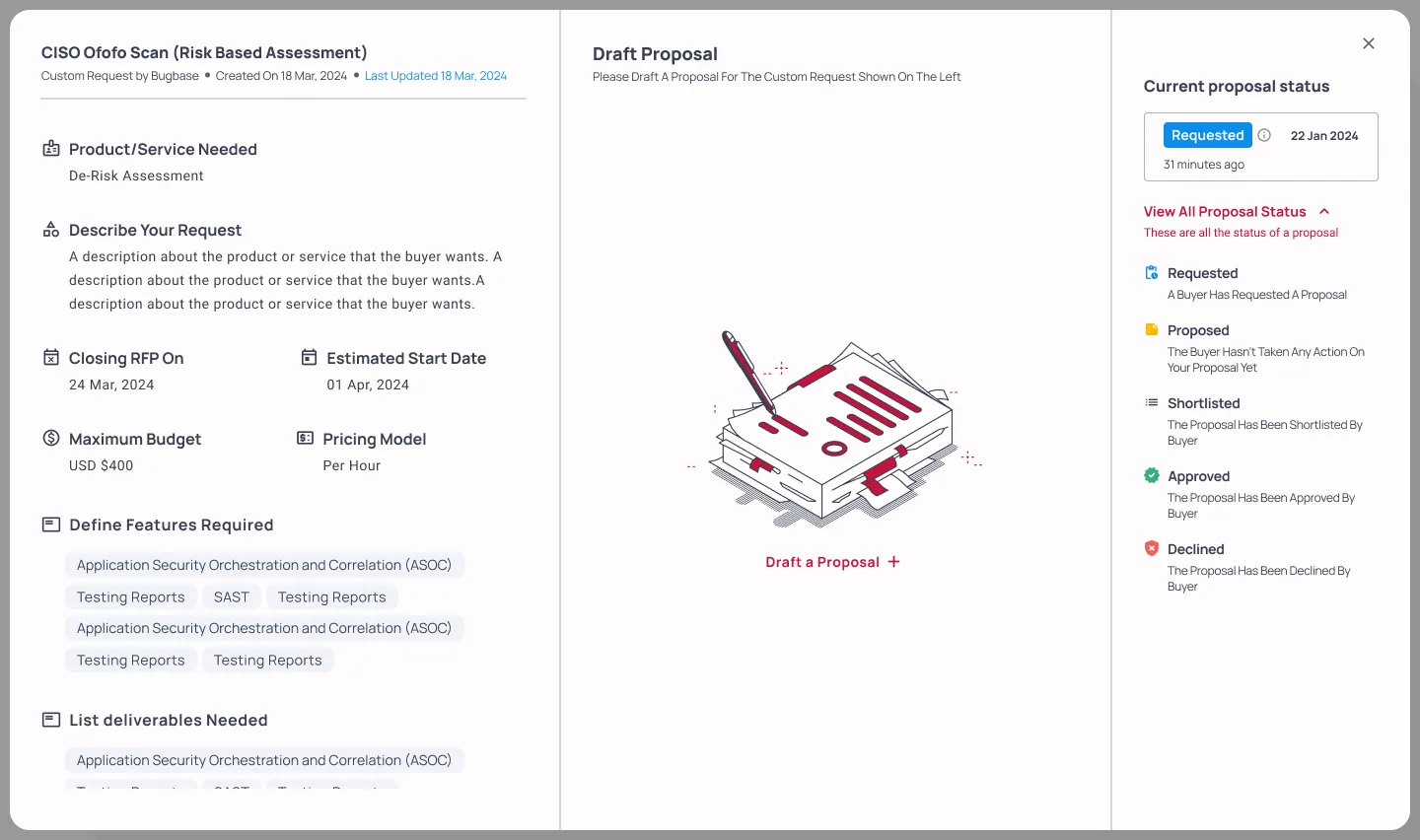 Seller's request view with the 5-status proposal legend expanded, Requested through Declined.