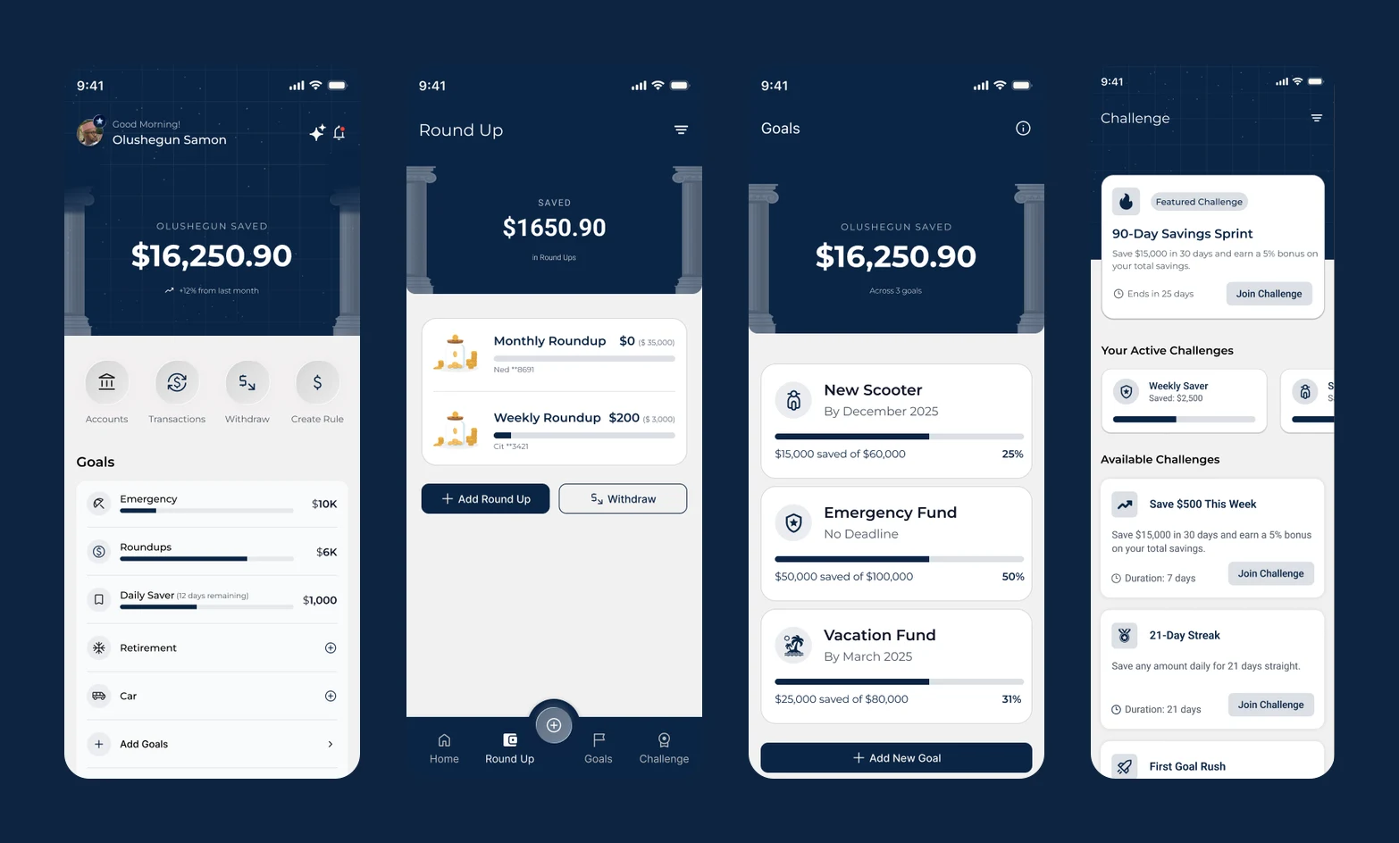 The dashboard leads with one saved total, above round-ups, goals, and challenges.