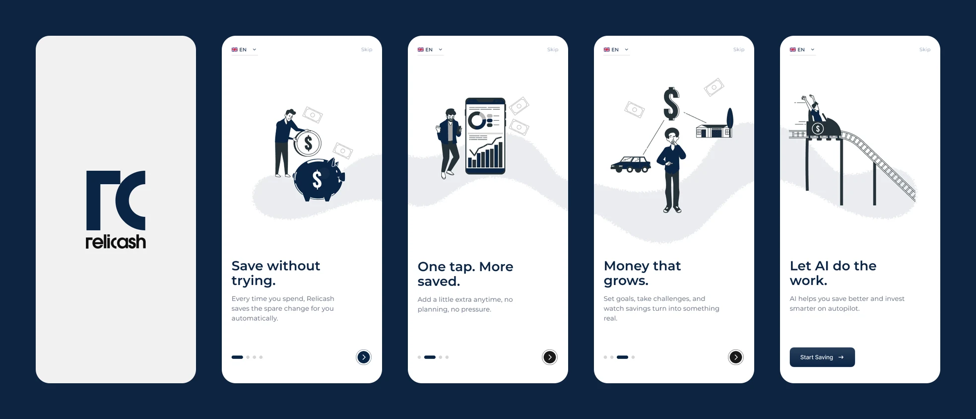 Onboarding runs value first, then security setup, then the bank link with success screens.