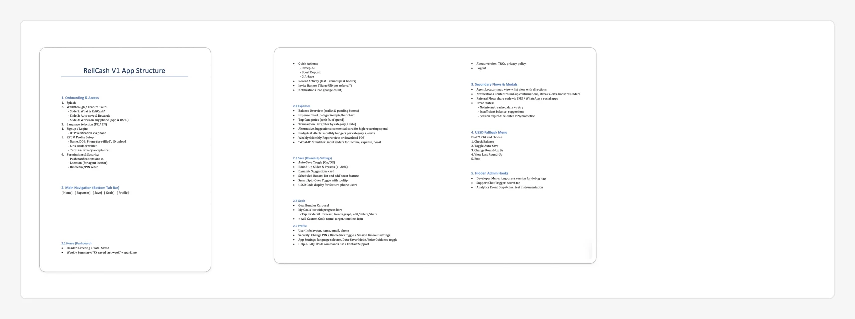 The FigJam V1 structure document mapping every screen, error state, and USSD fallback.